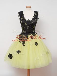Custom Made Knee Length Zipper Damas Dress Yellow for Prom and Party and Wedding Party with Lace