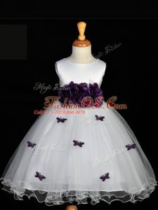 Sleeveless Appliques and Bowknot and Hand Made Flower Zipper Little Girls Pageant Gowns