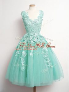 Fantastic Aqua Blue Lace Up Bridesmaid Gown Appliques Sleeveless Knee Length