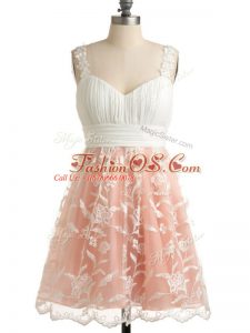 Lace Bridesmaids Dress Peach Lace Up Sleeveless Knee Length