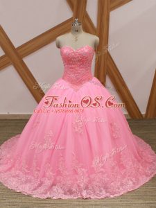 Custom Fit Lace Up Quince Ball Gowns Rose Pink for Military Ball and Sweet 16 and Quinceanera with Beading and Lace Brush Train