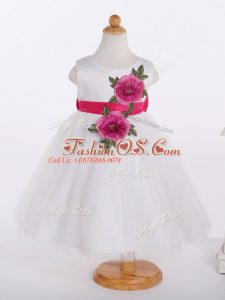 White A-line Scoop Sleeveless Tulle Knee Length Zipper Bowknot and Hand Made Flower Little Girls Pageant Dress
