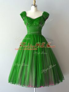 Custom Fit Knee Length A-line Cap Sleeves Green Dama Dress for Quinceanera Lace Up
