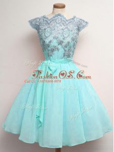 Fashionable Chiffon Cap Sleeves Knee Length Wedding Party Dress and Lace and Belt