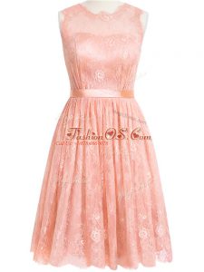 Peach Lace Zipper Scoop Sleeveless Knee Length Dama Dress Lace
