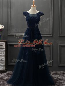 Latest Navy Blue Sleeveless Tulle Lace Up Mother Of The Bride Dress for Prom and Party