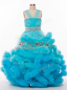 Tulle Sleeveless Floor Length Kids Formal Wear and Beading and Hand Made Flower