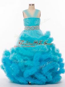 Tulle Sleeveless Floor Length Kids Formal Wear and Beading and Hand Made Flower