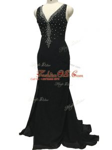 Great Black Column/Sheath V-neck Sleeveless Chiffon Brush Train Side Zipper Beading Mother Of The Bride Dress