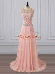 Low Price Scoop Sleeveless Chiffon Dress for Prom Beading Brush Train Side Zipper