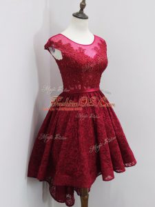 Beauteous High Low Wine Red Quinceanera Court Dresses Scoop Cap Sleeves Zipper