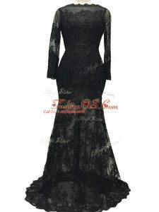 Designer Bateau Long Sleeves Brush Train Backless Mother Of The Bride Dress Black Lace