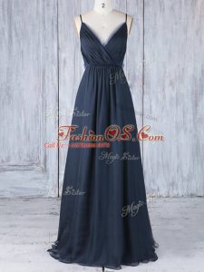 Custom Made Navy Blue Chiffon Backless Spaghetti Straps Sleeveless Floor Length Bridesmaid Gown Ruching