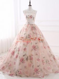 Nice Scoop Sleeveless Evening Party Dresses Brush Train Lace and Appliques and Belt Pink Organza and Printed