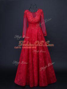 Eye-catching Red Long Sleeves Tulle Lace Up Mother Of The Bride Dress for Prom and Party and Military Ball