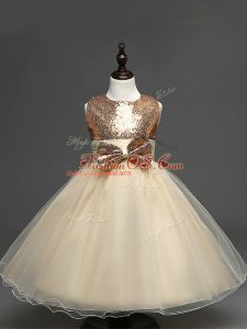 Champagne Zipper Scoop Sequins and Bowknot Little Girl Pageant Gowns Tulle Sleeveless