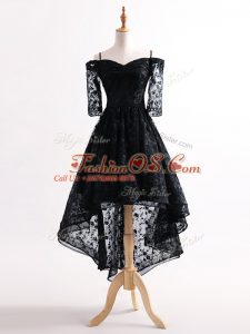 Black Straps Neckline Lace Prom Evening Gown Half Sleeves Lace Up