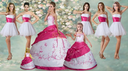 Sleeveless Floor Length Embroidery and Pick Ups Lace Up 15th Birthday Dress with White
