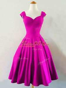 Trendy Fuchsia Sleeveless Ruching Knee Length Quinceanera Dama Dress