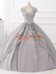 Grey Ball Gowns Beading and Appliques Sweet 16 Dress Lace Up Tulle Sleeveless Floor Length