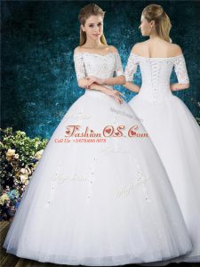 High Class White Ball Gowns Tulle Off The Shoulder Half Sleeves Beading and Appliques and Embroidery Floor Length Lace Up Wedding Gowns