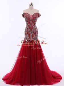 New Style Red Teens Party Dress Off The Shoulder Sleeveless Brush Train Zipper
