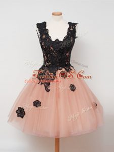 Peach Zipper Straps Lace Dama Dress for Quinceanera Tulle Sleeveless