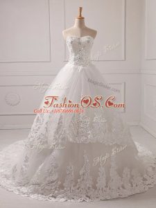 White A-line Tulle Sweetheart Sleeveless Lace and Appliques Lace Up Bridal Gown Brush Train