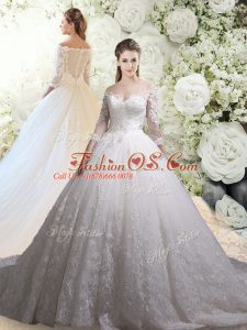 High Quality White Zipper Off The Shoulder Lace Wedding Gown Tulle 3 4 Length Sleeve Chapel Train