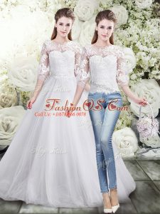 Traditional White Lace Up Wedding Dresses Lace Half Sleeves Floor Length