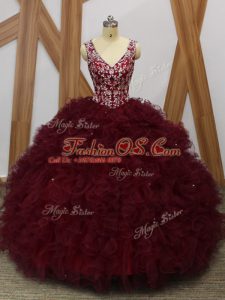 Ball Gowns Quinceanera Dresses Burgundy V-neck Organza Sleeveless Floor Length Backless