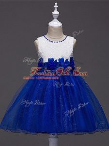 Royal Blue Ball Gowns Lace and Hand Made Flower Little Girls Pageant Gowns Zipper Tulle Sleeveless Knee Length