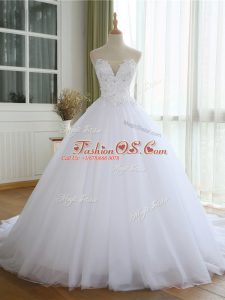 Customized White Sleeveless Lace and Appliques Lace Up Wedding Gowns