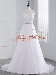 Chiffon Scalloped Sleeveless Brush Train Zipper Beading and Lace Wedding Dresses in White