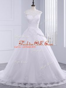 Tulle High-neck Sleeveless Brush Train Zipper Lace and Appliques and Bowknot Bridal Gown in White
