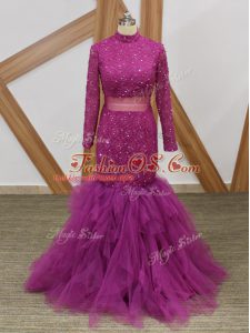 Free and Easy High-neck Long Sleeves Mother Of The Bride Dress Floor Length Lace and Ruffles Fuchsia Tulle