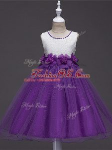 Best Knee Length Purple Kids Formal Wear Tulle Sleeveless Lace and Hand Made Flower