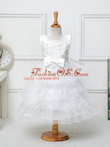Perfect Sleeveless Organza Tea Length Zipper Kids Formal Wear in White with Ruffled Layers and Bowknot