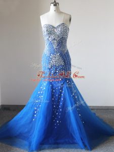 Artistic Sleeveless Tulle Brush Train Zipper Formal Evening Gowns in Royal Blue with Beading