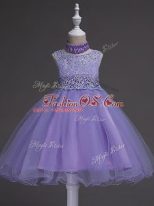 Modern Lavender Organza Zipper Scoop Sleeveless Knee Length Pageant Gowns For Girls Beading and Lace