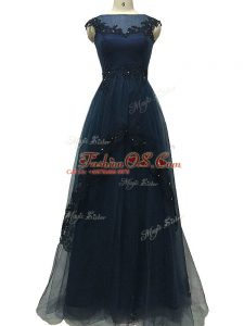 Flare Floor Length Navy Blue Mother Of The Bride Dress Tulle Sleeveless Lace and Appliques
