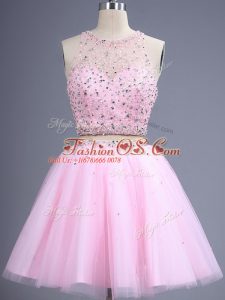 Pink Sleeveless Beading and Lace Knee Length Bridesmaids Dress
