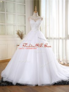 Great Lace and Appliques Wedding Dress White Zipper Sleeveless Court Train