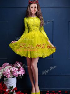 Traditional 3 4 Length Sleeve Mini Length Beading and Lace and Appliques Lace Up Wedding Guest Dresses with Yellow