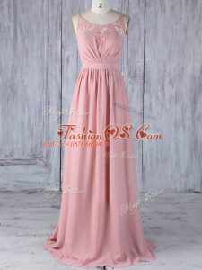 Sexy Scoop Sleeveless Criss Cross Bridesmaid Dresses Pink Chiffon