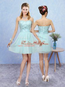 Elegant Aqua Blue Lace Up Court Dresses for Sweet 16 Appliques Sleeveless Mini Length
