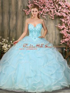 Wonderful Aqua Blue Sleeveless Tulle Lace Up Ball Gown Prom Dress for Military Ball and Sweet 16 and Quinceanera