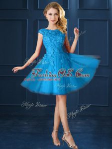Stunning Baby Blue Lace Up Quinceanera Court of Honor Dress Lace and Belt Cap Sleeves Knee Length