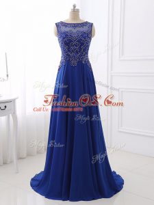 Fabulous Sweep Train Empire Prom Evening Gown Royal Blue Bateau Chiffon Sleeveless Side Zipper
