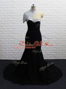 Sumptuous Asymmetric Short Sleeves Evening Dresses Brush Train Beading Black Chiffon